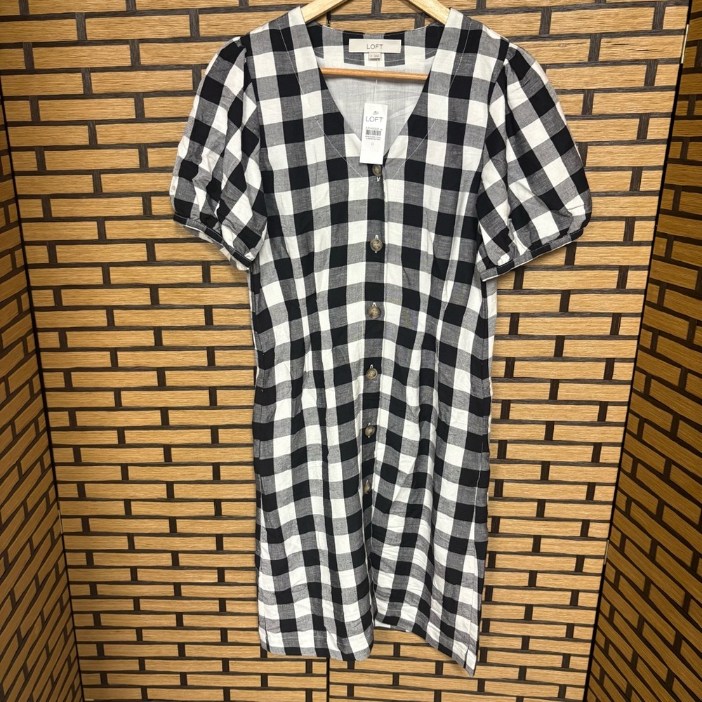 Loft Black And White Plaid Button Front Dress Size 0‎